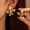 Wholesale Petal Pearl Stainless Steel Earrings With Flower Texture And Electroplating Light Luxury Exaggerated Style For Women