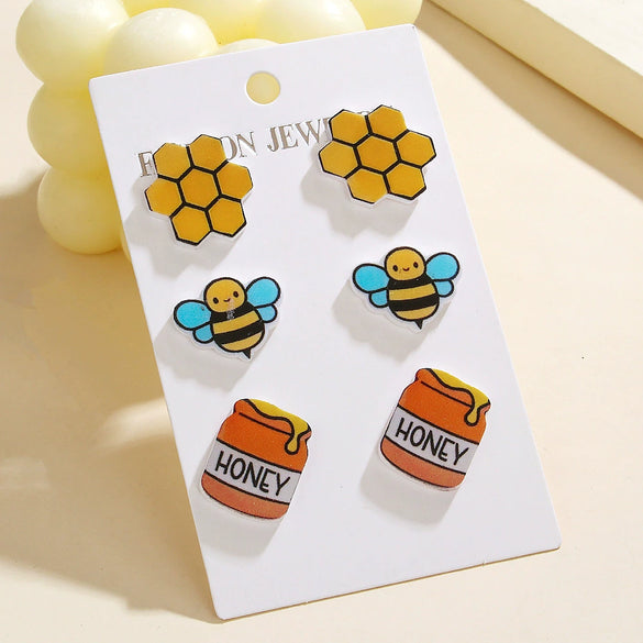 Wholesale 3 Piece Set Creative Bee Earrings With Cute Bee Fruit Chicken Acrylic Pendant For Women