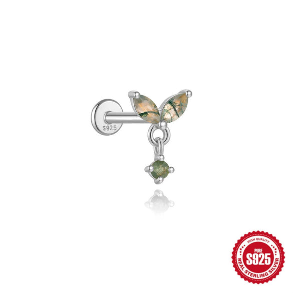 Wholesale Piercing Ear Bone Nail S925 Sterling Silver Geometric Natural Moss Agate Diamondset Environmentally Friendly Electroplated Unisex