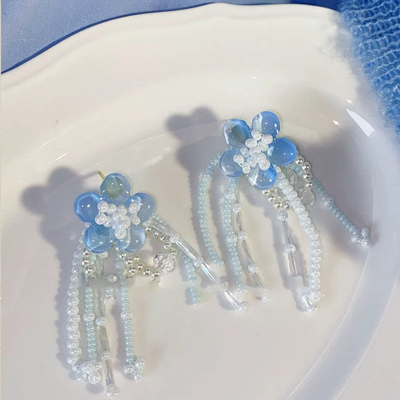 Wholesale Plastic Resin Handmade Flower Tassel Earrings With Silver Needle In Small Fresh Style