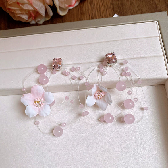 Wholesale Plastic Resin Handmade Flower Tassel Earrings With Silver Needle In Small Fresh Style