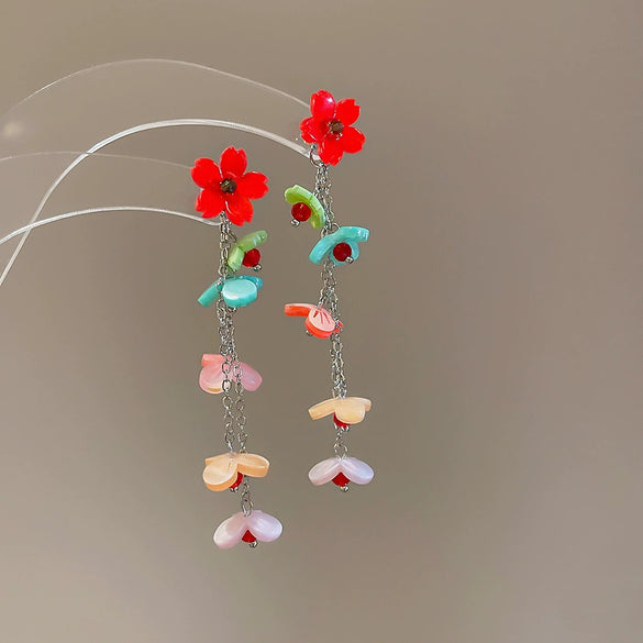 Wholesale Plastic Resin Handmade Flower Tassel Earrings With Silver Needle In Small Fresh Style