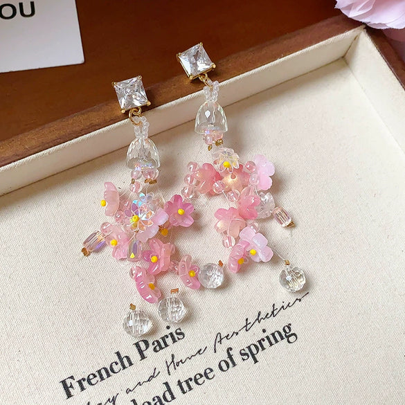 Wholesale Plastic Resin Handmade Flower Tassel Earrings With Silver Needle In Small Fresh Style