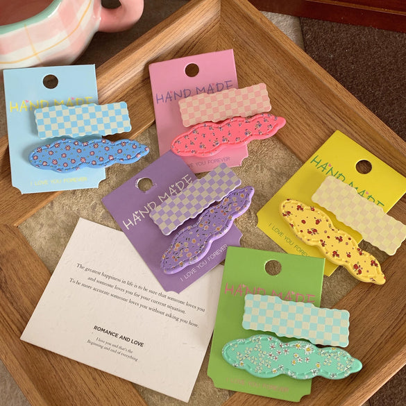 Wholesale Plastic Resin Sweet Handmade Duckbill Clip Hair Accessories With Wave Plaid And Colorful Floral Design For Girls