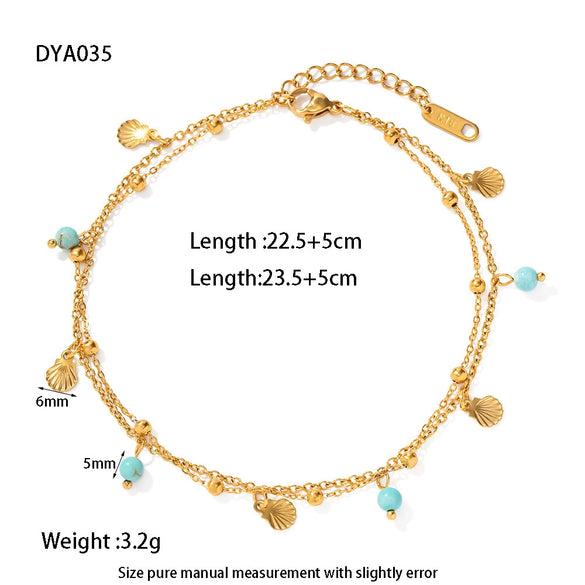 Wholesale Plated 18K Stainless Steel Geometric Natural Turquoise Pendant Mini Shell Tassel Doublelayer Foot Chain For Women
