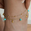 Wholesale Plated 18K Stainless Steel Geometric Natural Turquoise Pendant Mini Shell Tassel Doublelayer Foot Chain For Women