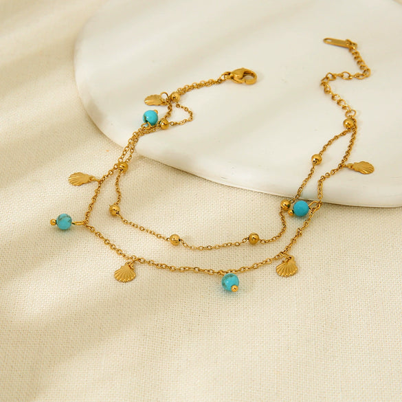 Wholesale Plated 18K Stainless Steel Geometric Natural Turquoise Pendant Mini Shell Tassel Doublelayer Foot Chain For Women