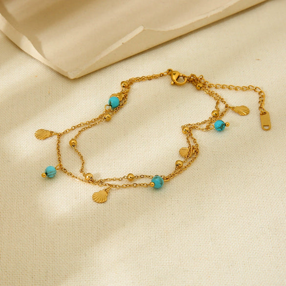 Wholesale Plated 18K Stainless Steel Geometric Natural Turquoise Pendant Mini Shell Tassel Doublelayer Foot Chain For Women