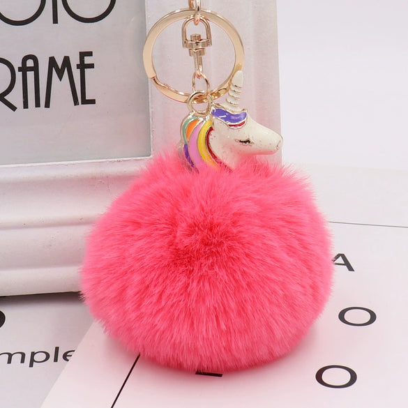 Wholesale Plush Alloy Unicorn Fur Ball Keychain With Colorful Stripes