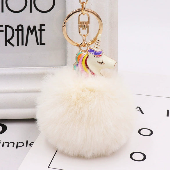 Wholesale Plush Alloy Unicorn Fur Ball Keychain With Colorful Stripes