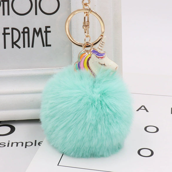 Wholesale Plush Alloy Unicorn Fur Ball Keychain With Colorful Stripes