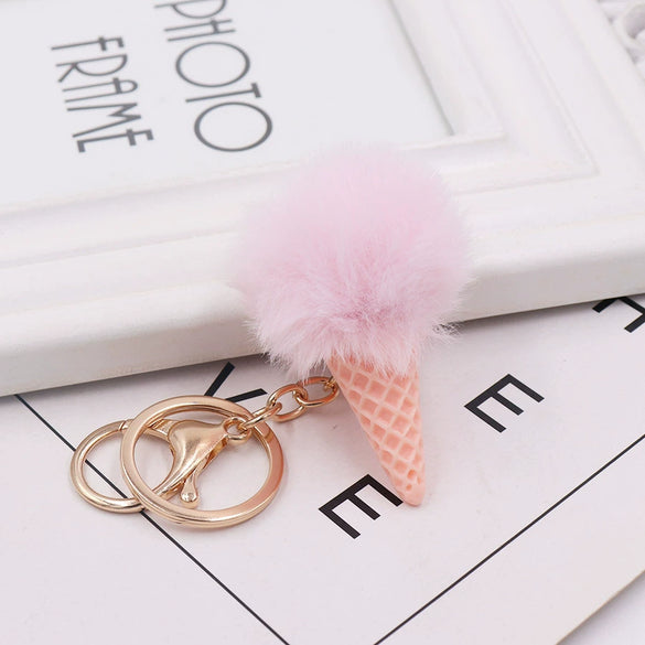Wholesale Plush Imitation Rex Rabbit Fur Ice Cream Cone Key Chain Pendant