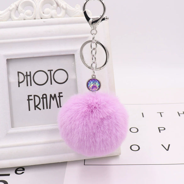 Wholesale Plush Mermaid Fish Scale Fur Ball Key Chain Modern Art Style Bag And Car Pendant