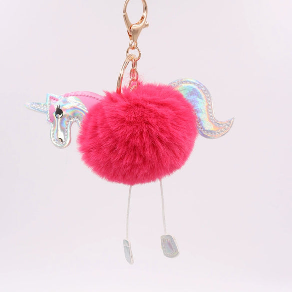 Wholesale Plush Unicorn Fur Ball Keychain With Pu Leather And Pony Cartoon Design