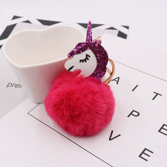 Wholesale Plush Unicorn Keychain With Imitation Rex Rabbit Fur Ball Pendant