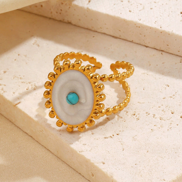 Wholesale Popular Electroplated Geometric Oval Turquoise Stainless Steel And Resin Ring For Women