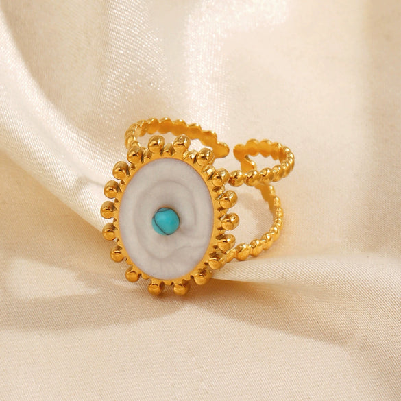Wholesale Popular Electroplated Geometric Oval Turquoise Stainless Steel And Resin Ring For Women