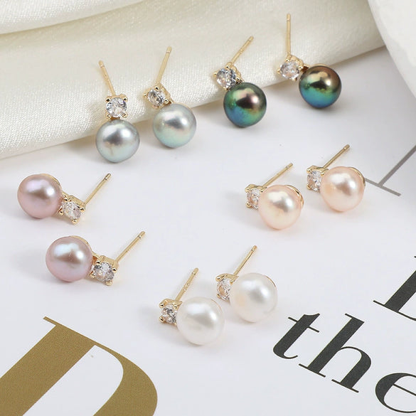 Wholesale Princess Freshwater Pearl Earrings 925 Silver Needle Copper Inlay Multicolor Natural Oblate Shape