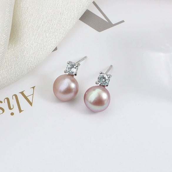 Wholesale Princess Freshwater Pearl Earrings 925 Silver Needle Copper Inlay Multicolor Natural Oblate Shape