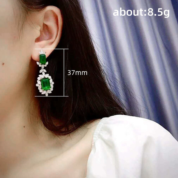 Wholesale Princess Style Flower Patterned Copper Inlaid Emerald Square Diamond Earrings For Women