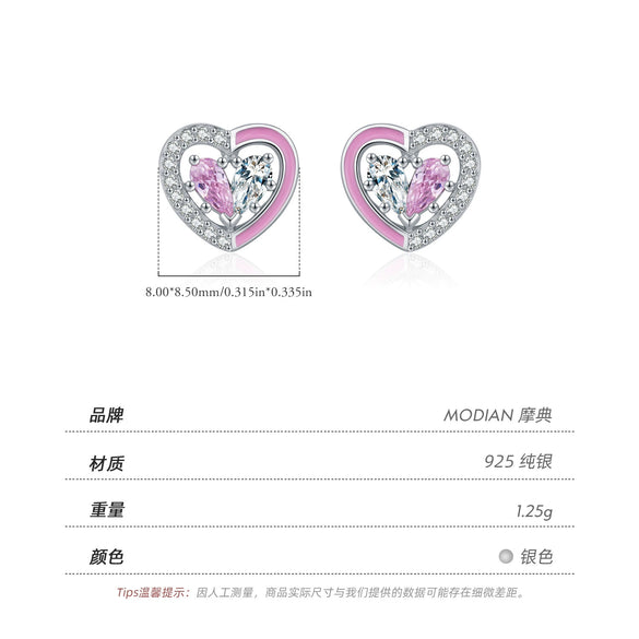 Wholesale Princess Style S925 Sterling Silver Heartshaped Earrings With Pink Enamel And Diamond Design