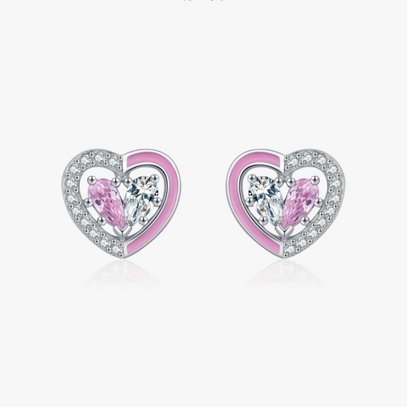 Wholesale Princess Style S925 Sterling Silver Heartshaped Earrings With Pink Enamel And Diamond Design