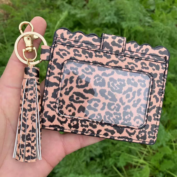 Wholesale Pu Leather Card Case Keychain With Leopard Snake Geometric Pattern Leather Tassel Pendant For Unisex