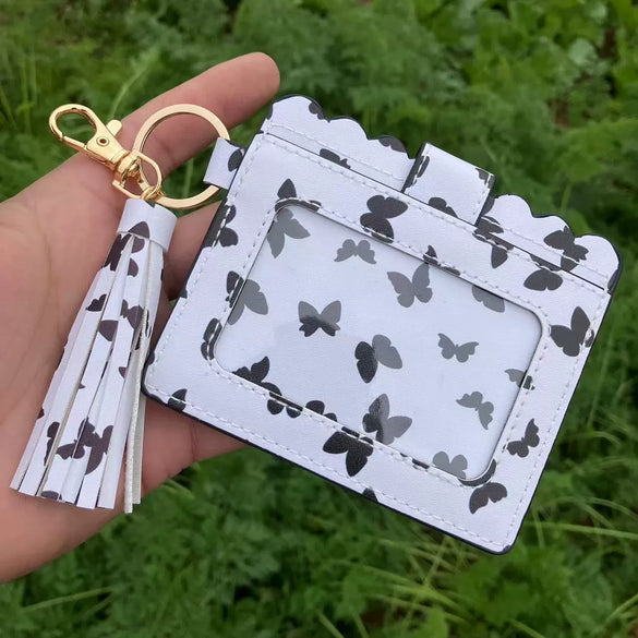 Wholesale Pu Leather Card Case Keychain With Leopard Snake Geometric Pattern Leather Tassel Pendant For Unisex