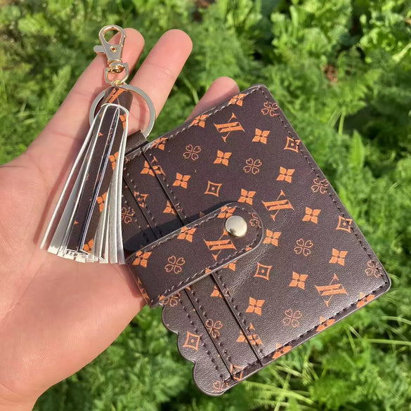 Wholesale Pu Leather Card Case Keychain With Leopard Snake Geometric Pattern Leather Tassel Pendant For Unisex
