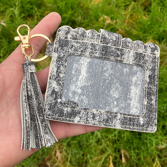 Wholesale Pu Leather Card Case Keychain With Leopard Snake Geometric Pattern Leather Tassel Pendant For Unisex