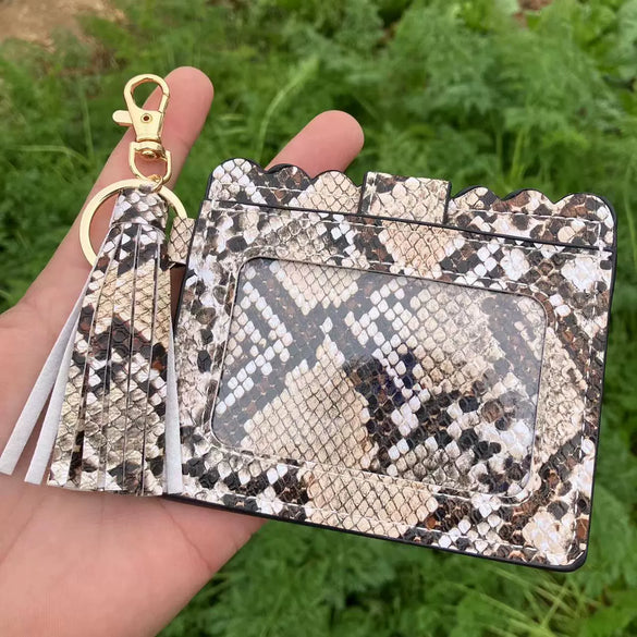 Wholesale Pu Leather Card Case Keychain With Leopard Snake Geometric Pattern Leather Tassel Pendant For Unisex