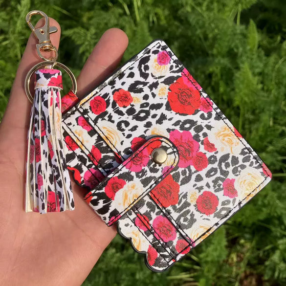 Wholesale Pu Leather Card Case Keychain With Leopard Snake Geometric Pattern Leather Tassel Pendant For Unisex