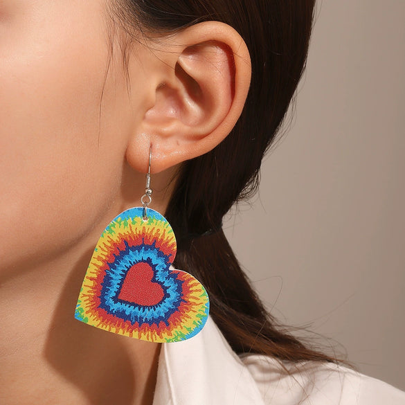 Wholesale Pu Leather Heartshaped Earrings With Red And Black Plaid And Rainbow Leopard Print Handmade
