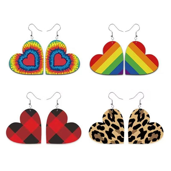 Wholesale Pu Leather Heartshaped Earrings With Red And Black Plaid And Rainbow Leopard Print Handmade