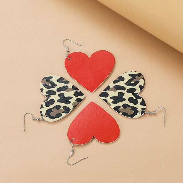 Wholesale Pu Leather Heartshaped Earrings With Red And Black Plaid And Rainbow Leopard Print Handmade