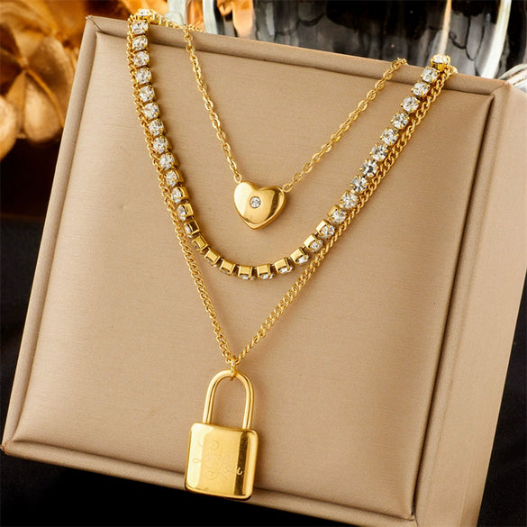 Wholesale Punk Hip Hop Cold Style Titanium Steel Multi Layer Chain Lock Pendant Necklace With Geometric Pattern And Electroplating Treatment