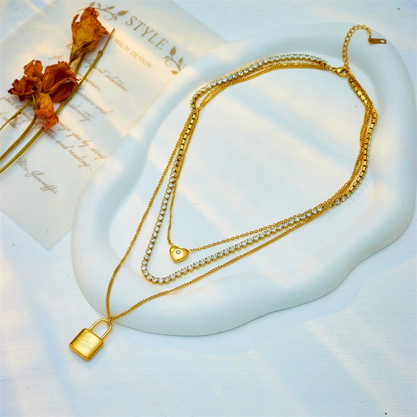 Wholesale Punk Hip Hop Cold Style Titanium Steel Multi Layer Chain Lock Pendant Necklace With Geometric Pattern And Electroplating Treatment