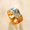 Wholesale Punk Style Copper Goldplated Ring With Oil Dripping Blue And White Porcelain Pattern And Leaf Design