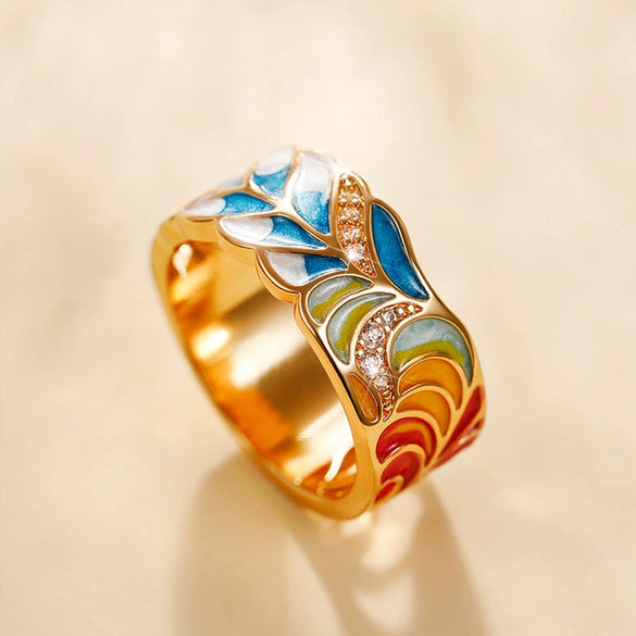 Wholesale Punk Style Copper Goldplated Ring With Oil Dripping Blue And White Porcelain Pattern And Leaf Design