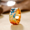 Wholesale Punk Style Copper Goldplated Ring With Oil Dripping Blue And White Porcelain Pattern And Leaf Design