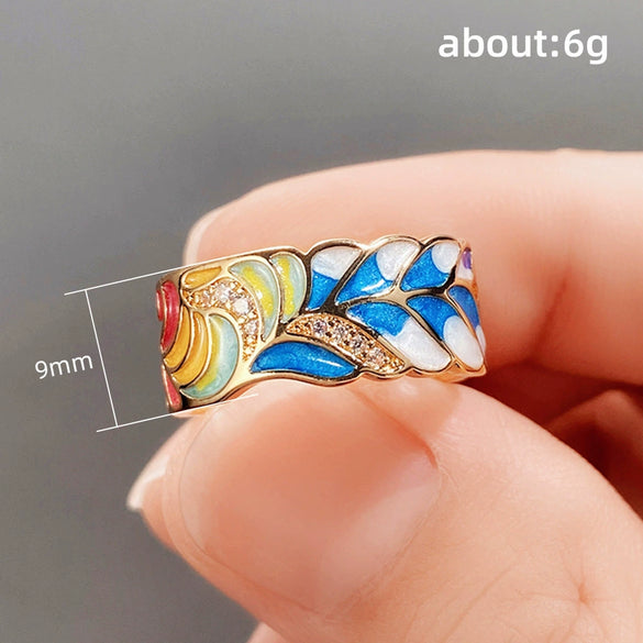 Wholesale Punk Style Copper Goldplated Ring With Oil Dripping Blue And White Porcelain Pattern And Leaf Design