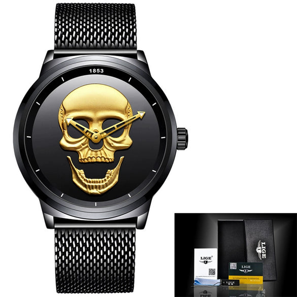 Wholesale Punk Style 3D Skull Quartz Watch Stainless Steel Band Alloy Case Mineral Strengthened Mirror For Men