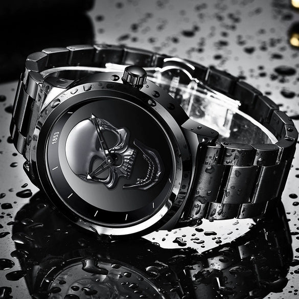 Wholesale Punk Style 3D Skull Quartz Watch Stainless Steel Band Alloy Case Mineral Strengthened Mirror For Men