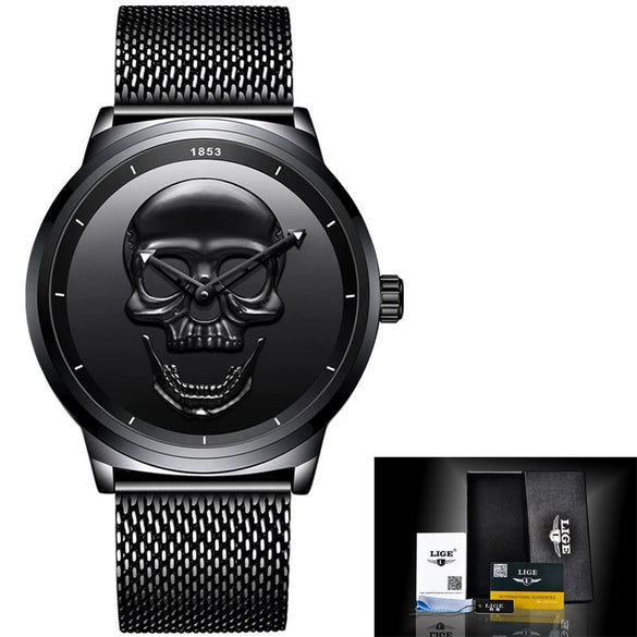 Wholesale Punk Style 3D Skull Quartz Watch Stainless Steel Band Alloy Case Mineral Strengthened Mirror For Men