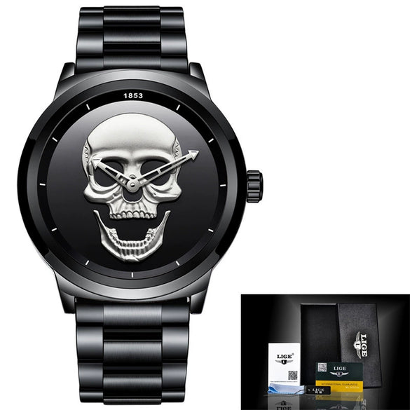 Wholesale Punk Style 3D Skull Quartz Watch Stainless Steel Band Alloy Case Mineral Strengthened Mirror For Men