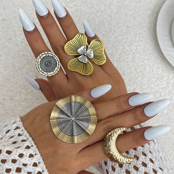 Wholesale Punk Style Metal Geometric And Leaf Ring With Electroplating