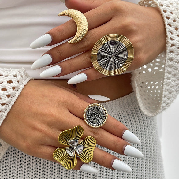 Wholesale Punk Style Metal Geometric And Leaf Ring With Electroplating