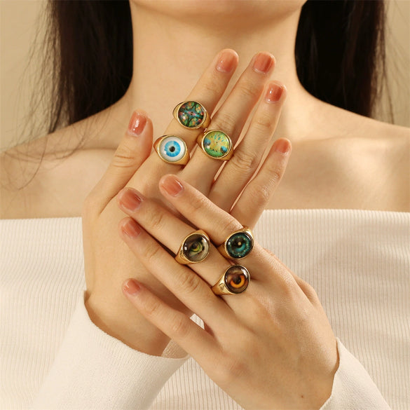 Wholesale Punk Style Unisex Copper Plated Devil's Eye Ring With Resin Eyes And Geometric Design Electroplated Plastic Resin Material