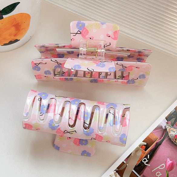 Wholesale Pvc Cartoon Flamingo Hair Accessories Spring And Summer Fresh Clip Floral Hairpin With Baking Paint Square Semicircle Shark Clip For Girls
