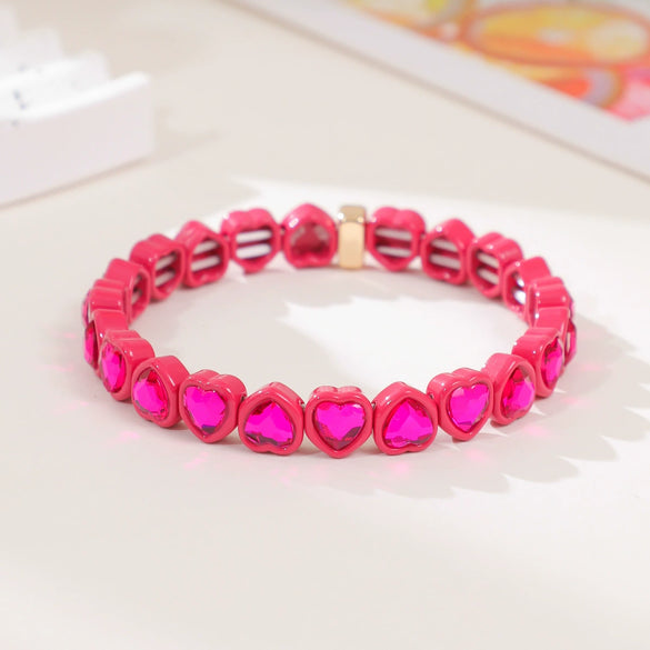 Wholesale Rainbow Enamel Alloy Love Heart Shaped Elastic Bracelet With Diamond Treatment
